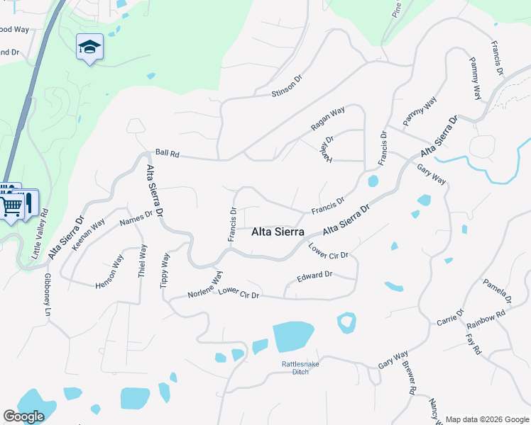 map of restaurants, bars, coffee shops, grocery stores, and more near 11603 Marilyn Court in Grass Valley