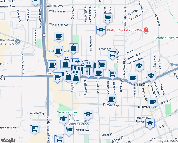 map of restaurants, bars, coffee shops, grocery stores, and more near 769 Wilwick Way in Yuba City