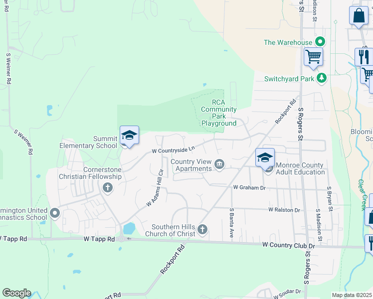 map of restaurants, bars, coffee shops, grocery stores, and more near 1450 West Countryside Lane in Bloomington