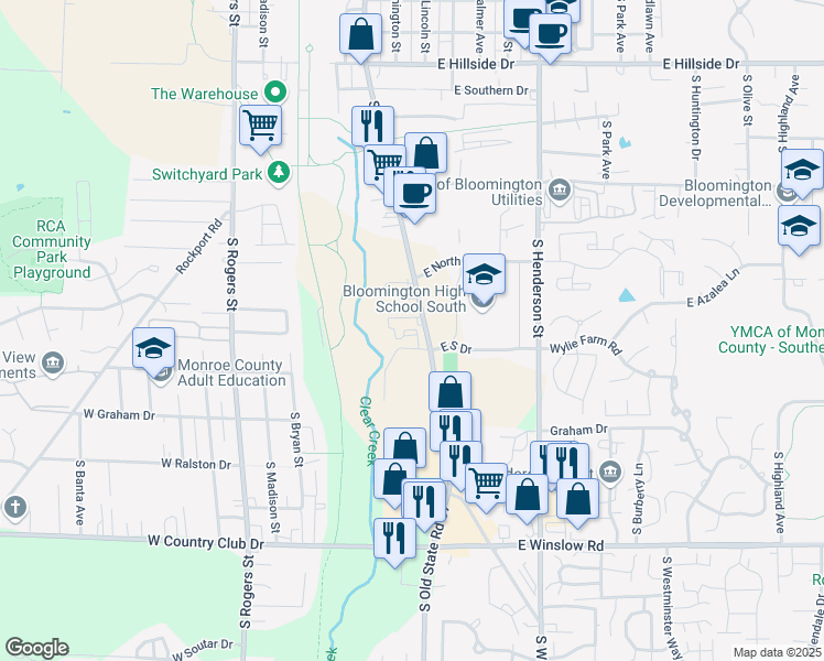 map of restaurants, bars, coffee shops, grocery stores, and more near 2130 South Walnut Street in Bloomington