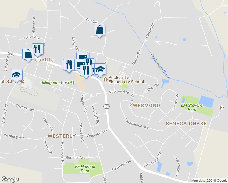 map of restaurants, bars, coffee shops, grocery stores, and more near 19531 Wootton Avenue in Poolesville