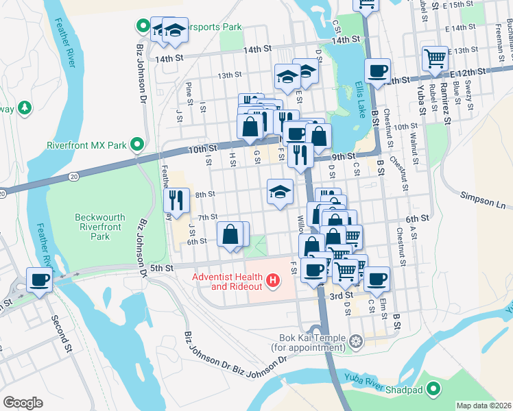 map of restaurants, bars, coffee shops, grocery stores, and more near 706 G St in Marysville