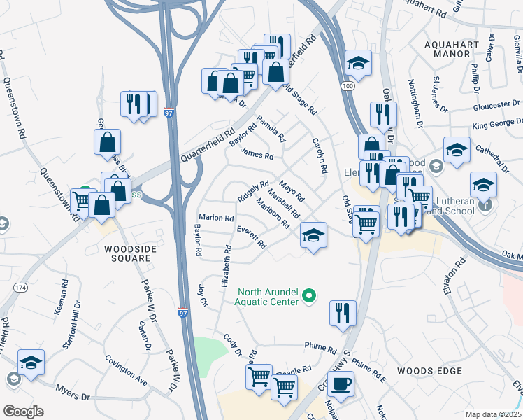 map of restaurants, bars, coffee shops, grocery stores, and more near 614 Marlboro Road in Glen Burnie