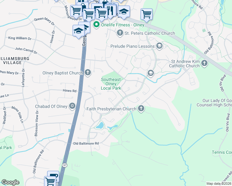 map of restaurants, bars, coffee shops, grocery stores, and more near 15 Parson Grove Court in Olney
