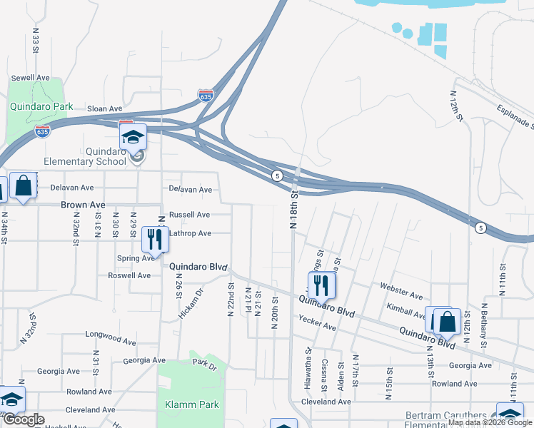 map of restaurants, bars, coffee shops, grocery stores, and more near 3090 North 20th Street in Kansas City