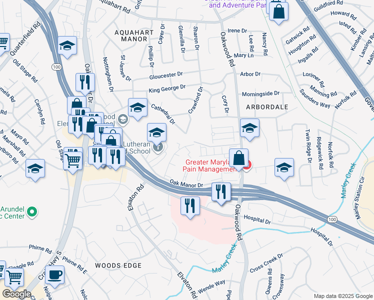 map of restaurants, bars, coffee shops, grocery stores, and more near 268 Oakwood Village Road in Glen Burnie