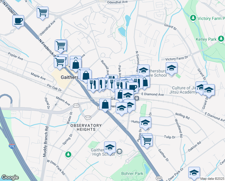 map of restaurants, bars, coffee shops, grocery stores, and more near 3 Russell Avenue in Gaithersburg