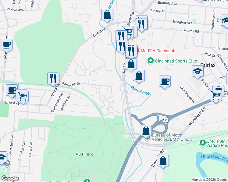 map of restaurants, bars, coffee shops, grocery stores, and more near 3425 Traskwood Circle in Cincinnati