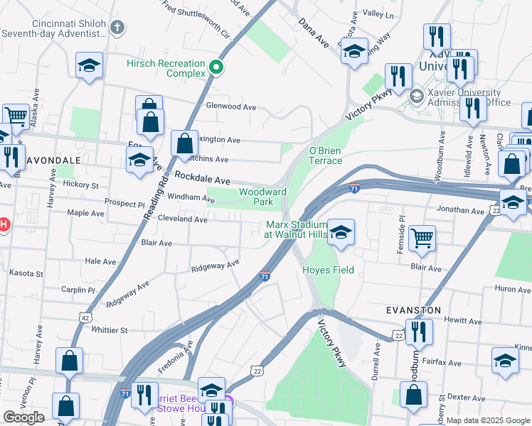 map of restaurants, bars, coffee shops, grocery stores, and more near 992 Cleveland Avenue in Cincinnati
