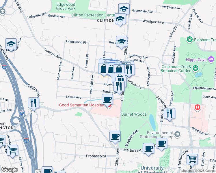 map of restaurants, bars, coffee shops, grocery stores, and more near 359 Howell Avenue in Cincinnati