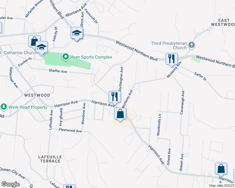 map of restaurants, bars, coffee shops, grocery stores, and more near 3033 Percy Avenue in Cincinnati