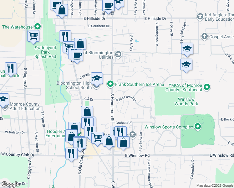map of restaurants, bars, coffee shops, grocery stores, and more near 642 East Bayberry Court in Bloomington
