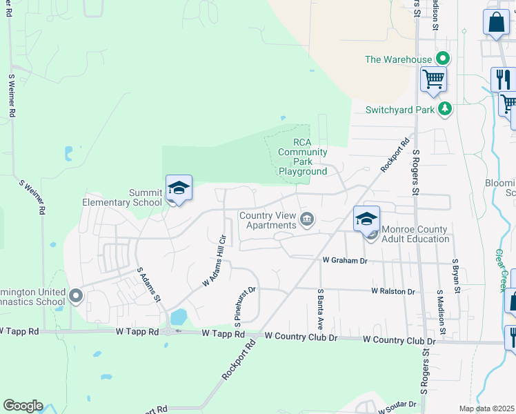 map of restaurants, bars, coffee shops, grocery stores, and more near 1234 West Countryside Lane in Bloomington