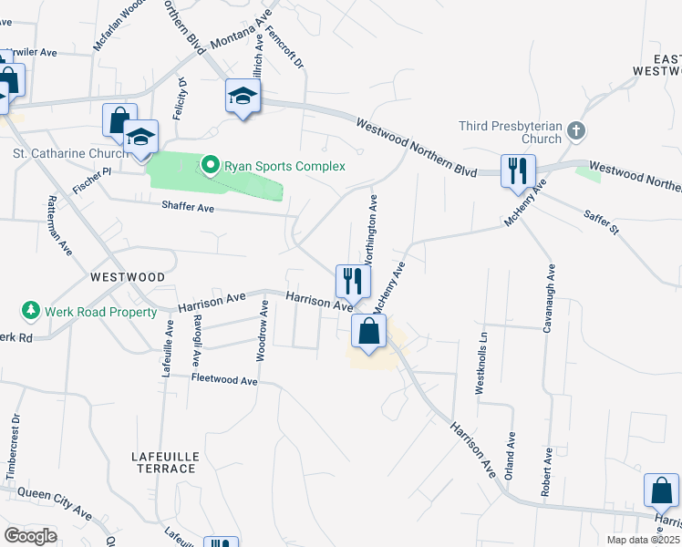 map of restaurants, bars, coffee shops, grocery stores, and more near 3033 Percy Avenue in Cincinnati