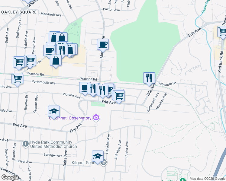 map of restaurants, bars, coffee shops, grocery stores, and more near 3640 Herschel Avenue in Cincinnati