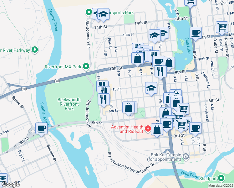 map of restaurants, bars, coffee shops, grocery stores, and more near 719 Pine St in Marysville
