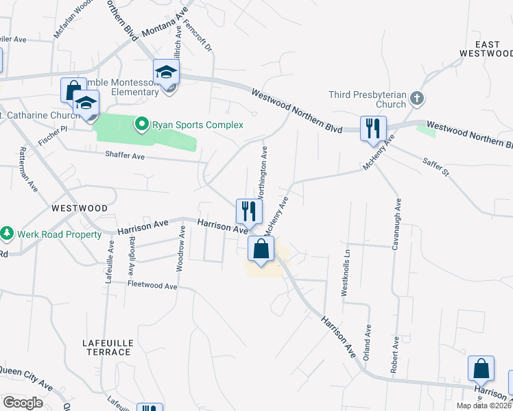 map of restaurants, bars, coffee shops, grocery stores, and more near 3037 Worthington Avenue in Cincinnati