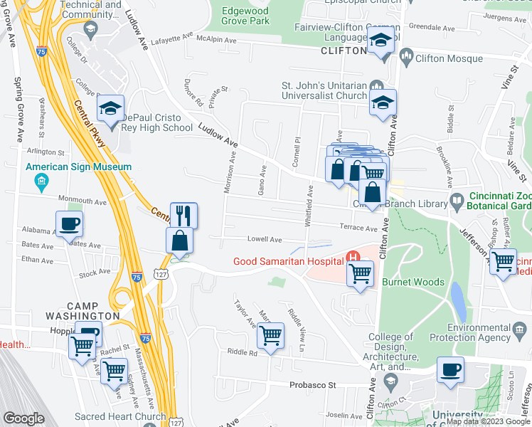 map of restaurants, bars, coffee shops, grocery stores, and more near 558 Terrace Avenue in Cincinnati