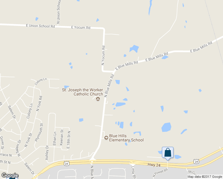 map of restaurants, bars, coffee shops, grocery stores, and more near 2207 North Blue Mills Road in Independence