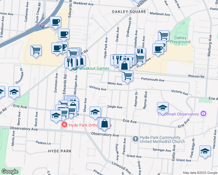 map of restaurants, bars, coffee shops, grocery stores, and more near 2862 Victoria Avenue in Cincinnati