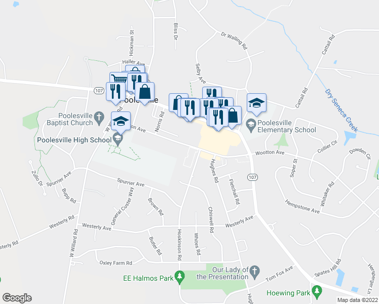 map of restaurants, bars, coffee shops, grocery stores, and more near 19716 Wootton Avenue in Poolesville