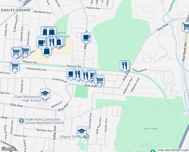 map of restaurants, bars, coffee shops, grocery stores, and more near 3640 Herschel Avenue in Cincinnati