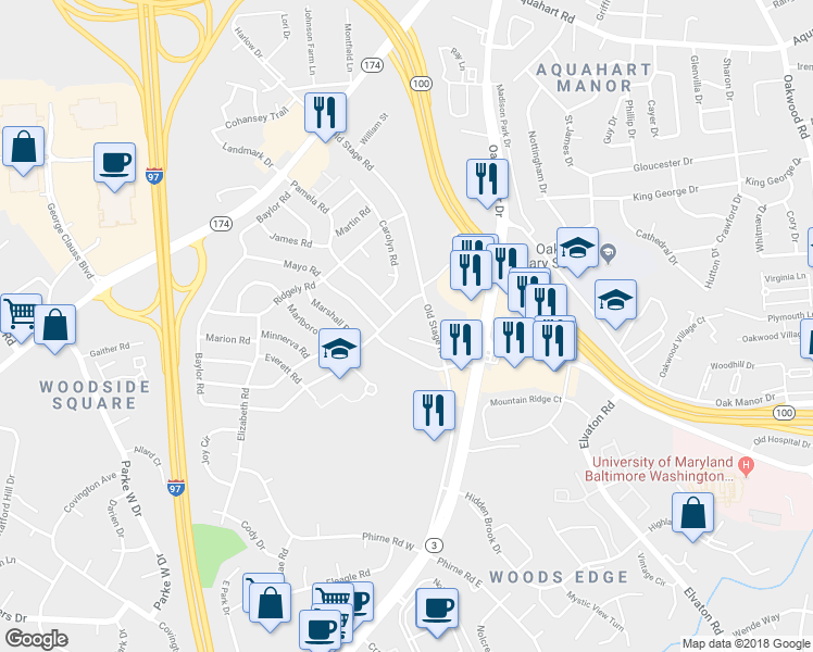 map of restaurants, bars, coffee shops, grocery stores, and more near 504 Old Stage Court in Glen Burnie