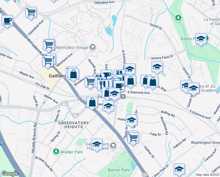 map of restaurants, bars, coffee shops, grocery stores, and more near 5 Park Avenue in Gaithersburg