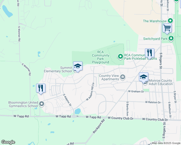 map of restaurants, bars, coffee shops, grocery stores, and more near 106 West Countryside Lane in Bloomington