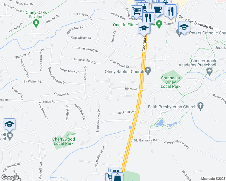 map of restaurants, bars, coffee shops, grocery stores, and more near 17317 Monitor Dr in Olney