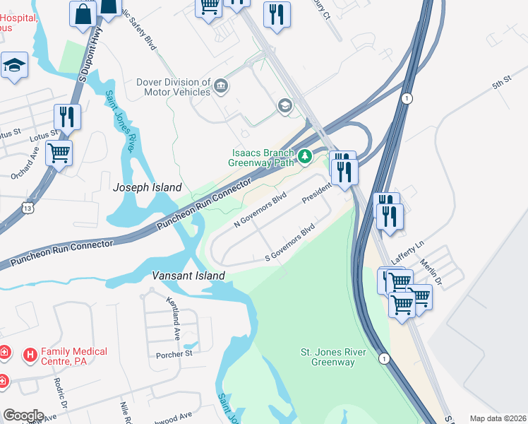 map of restaurants, bars, coffee shops, grocery stores, and more near 176 North Governors Boulevard in Dover
