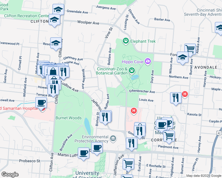 map of restaurants, bars, coffee shops, grocery stores, and more near 37 Cloister Drive in Cincinnati