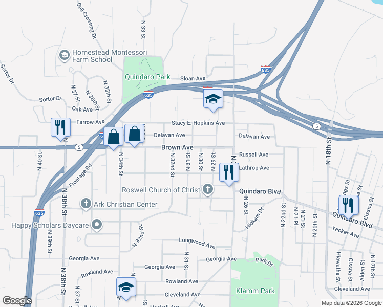 map of restaurants, bars, coffee shops, grocery stores, and more near 3078 North 30 Street in Kansas City
