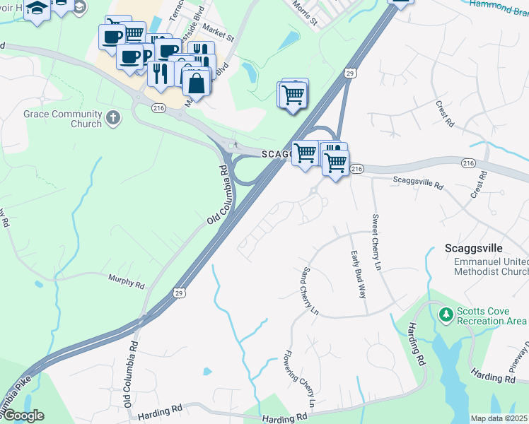 map of restaurants, bars, coffee shops, grocery stores, and more near 8420 Ice Crystal Drive in Laurel