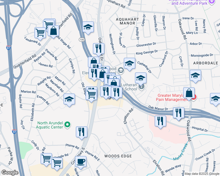 map of restaurants, bars, coffee shops, grocery stores, and more near 336 Hospital Drive in Glen Burnie