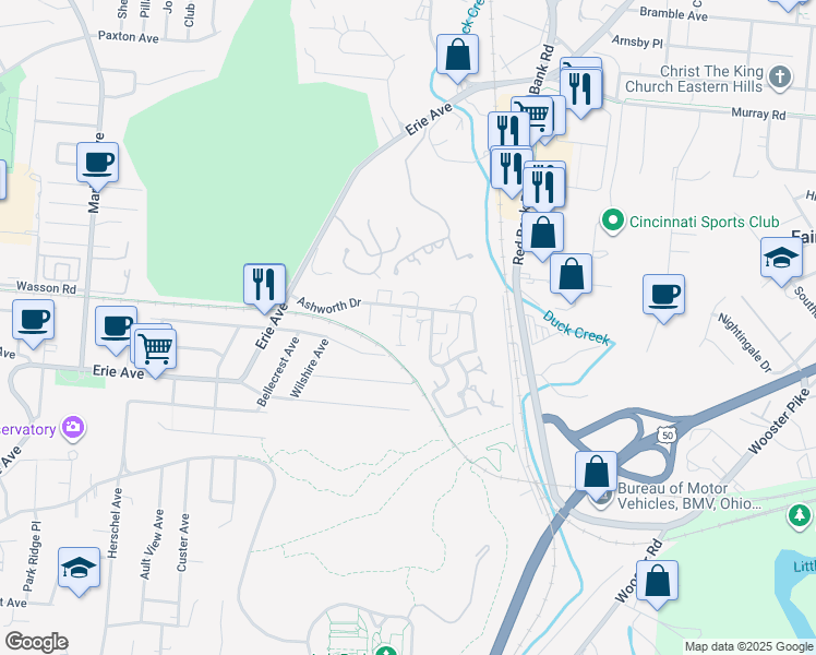 map of restaurants, bars, coffee shops, grocery stores, and more near 3666 Willowlea Court in Cincinnati