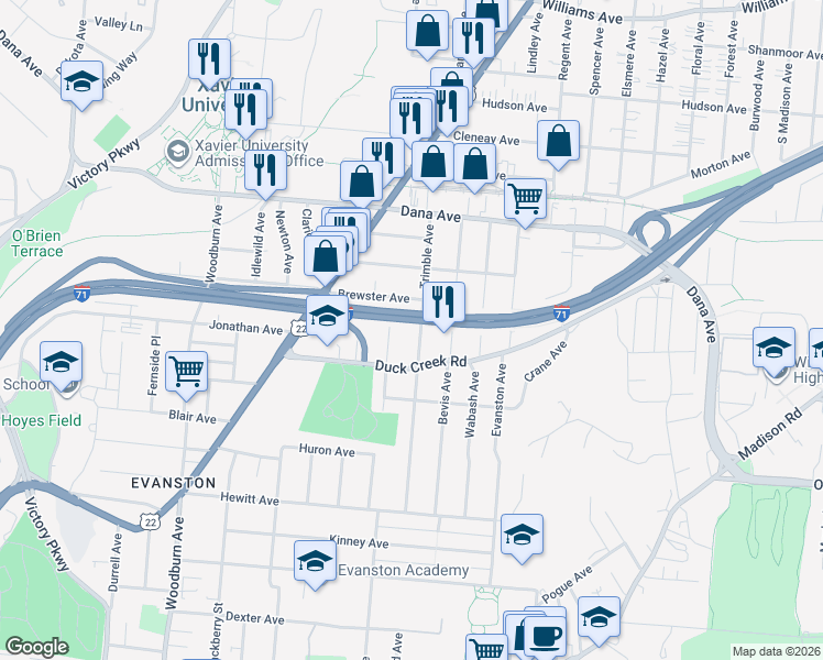 map of restaurants, bars, coffee shops, grocery stores, and more near 3531 Trimble Avenue in Cincinnati