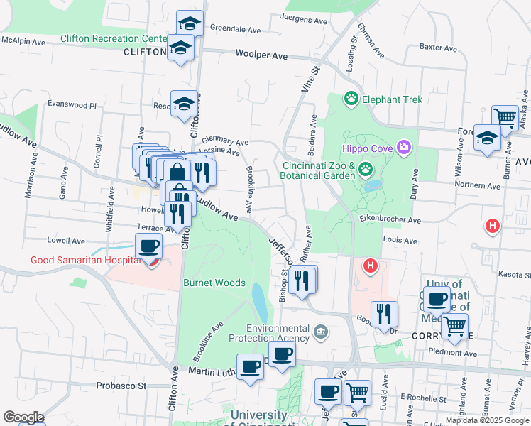 map of restaurants, bars, coffee shops, grocery stores, and more near 3406 Brookline Ave in Cincinnati