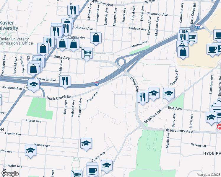 map of restaurants, bars, coffee shops, grocery stores, and more near 3545 Holly Lane in Cincinnati