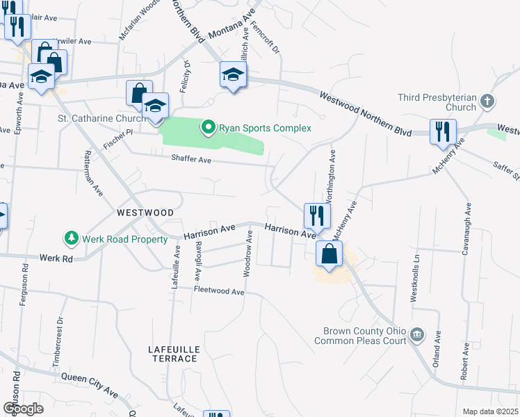 map of restaurants, bars, coffee shops, grocery stores, and more near 2570 Harrison Avenue in Cincinnati
