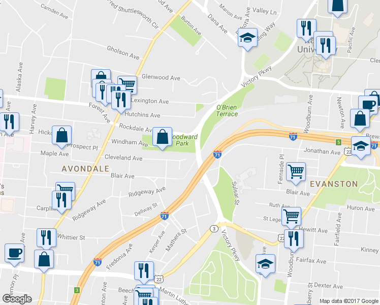 map of restaurants, bars, coffee shops, grocery stores, and more near 992 Cleveland Avenue in Cincinnati