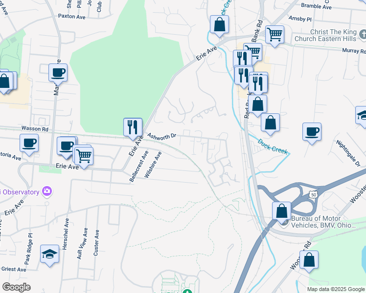 map of restaurants, bars, coffee shops, grocery stores, and more near 3666 Beecham Lane in Cincinnati