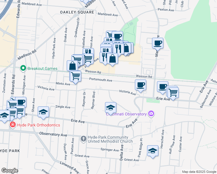 map of restaurants, bars, coffee shops, grocery stores, and more near 3094 Victoria Avenue in Cincinnati