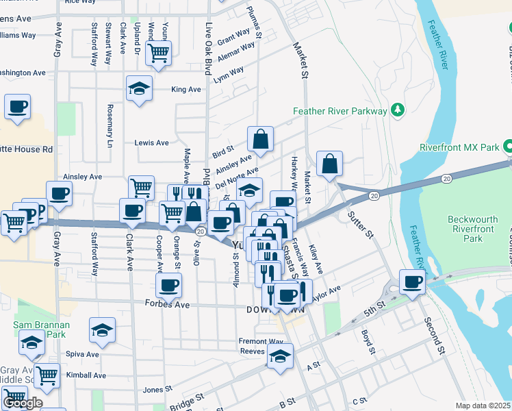 map of restaurants, bars, coffee shops, grocery stores, and more near Baptist Lane in Yuba City