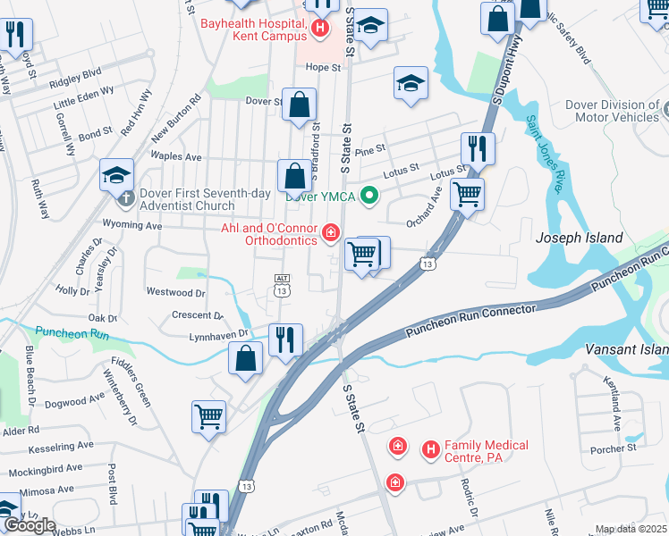 map of restaurants, bars, coffee shops, grocery stores, and more near 1044 South State Street in Dover