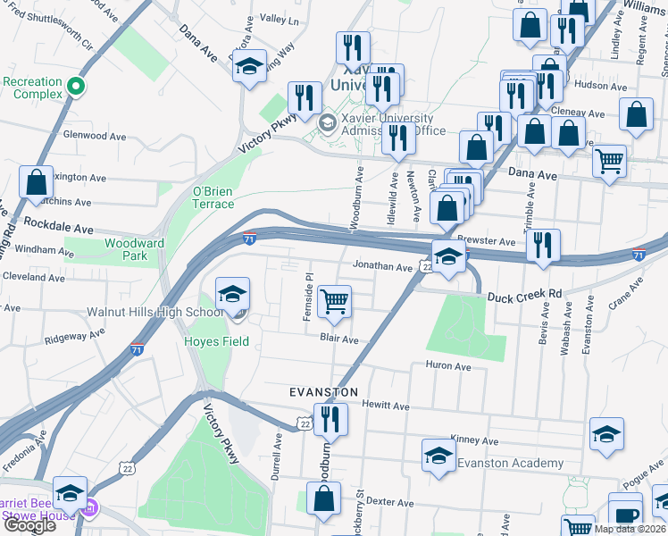 map of restaurants, bars, coffee shops, grocery stores, and more near 3475 Woodburn Avenue in Cincinnati