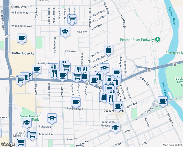 map of restaurants, bars, coffee shops, grocery stores, and more near 938 Chestnut Street in Yuba City