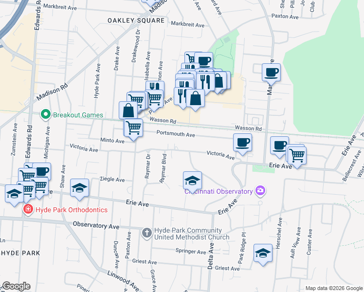 map of restaurants, bars, coffee shops, grocery stores, and more near 3086 Victoria Avenue in Cincinnati