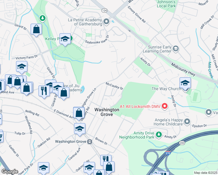 map of restaurants, bars, coffee shops, grocery stores, and more near 412 Grove Avenue in Washington Grove