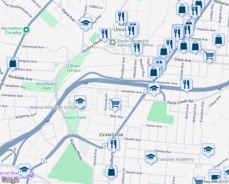 map of restaurants, bars, coffee shops, grocery stores, and more near 3475 Woodburn Avenue in Cincinnati